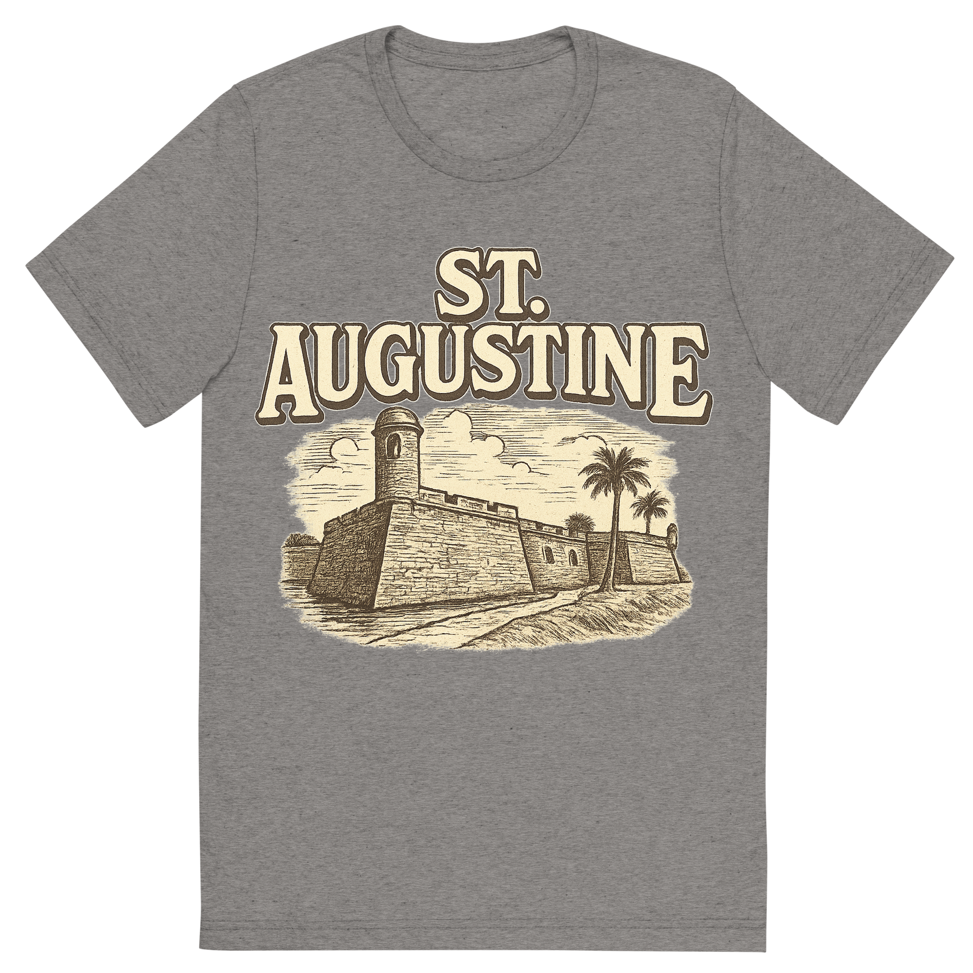 Front view of a Premium Tri-Blend Crew Neck T-Shirt in Grey showing 'A typographic, nostalgic graphic of a typographic illustration of the words 'st. augustine' with a vintage line art drawing of the castillo de san marcos'