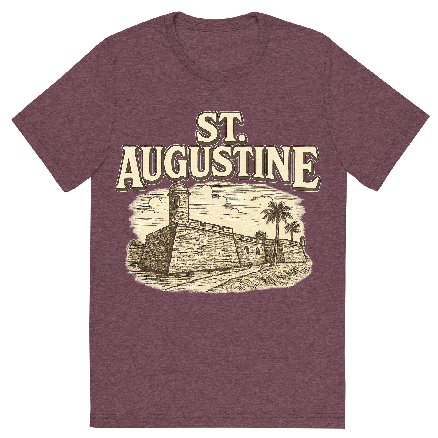 Front view of a Premium Tri-Blend Crew Neck T-Shirt in Maroon showing 'A typographic, nostalgic graphic of a typographic illustration of the words 'st. augustine' with a vintage line art drawing of the castillo de san marcos'