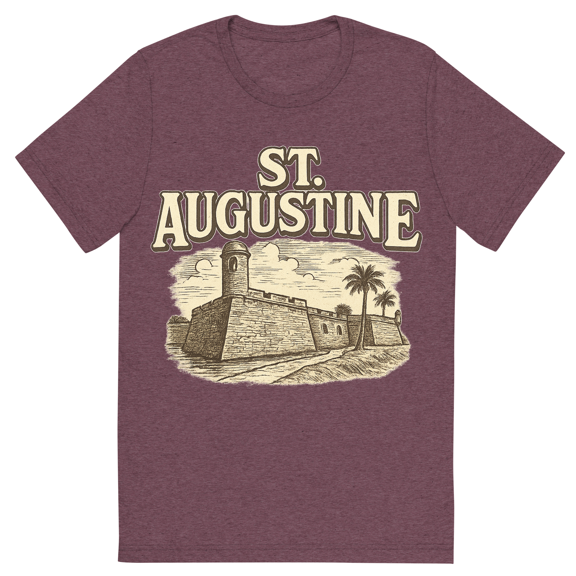 Front view of a Premium Tri-Blend Crew Neck T-Shirt in Maroon showing 'A typographic, nostalgic graphic of a typographic illustration of the words 'st. augustine' with a vintage line art drawing of the castillo de san marcos'