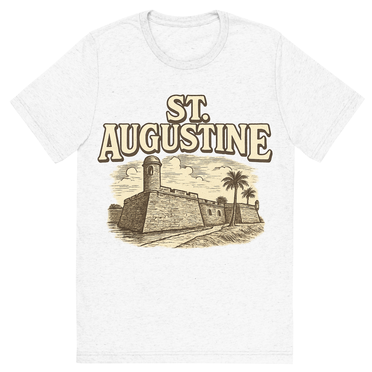 Front view of a Premium Tri-Blend Crew Neck T-Shirt in Solid White showing 'A typographic, nostalgic graphic of a typographic illustration of the words 'st. augustine' with a vintage line art drawing of the castillo de san marcos'