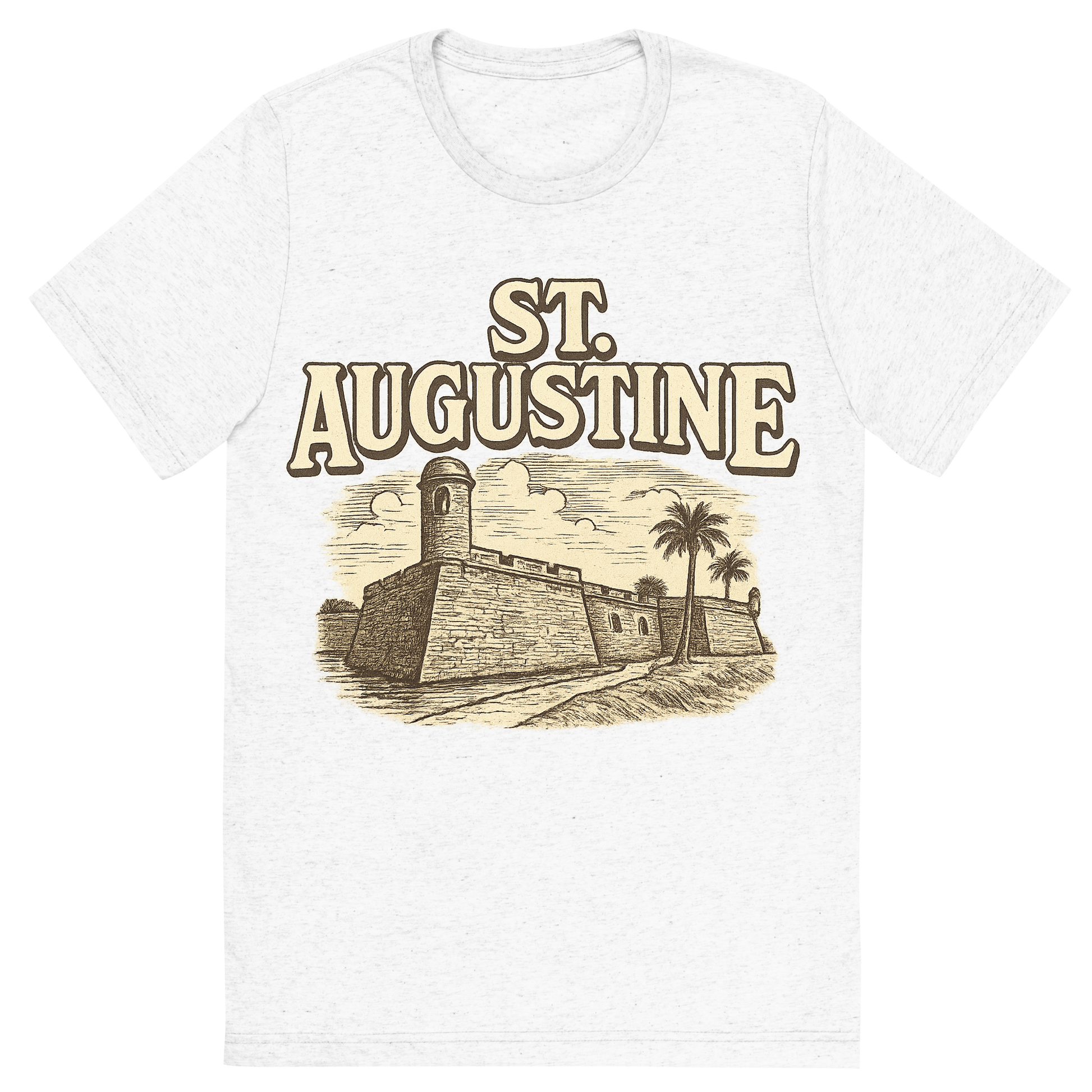 Front view of a Premium Tri-Blend Crew Neck T-Shirt in Solid White showing 'A typographic, nostalgic graphic of a typographic illustration of the words 'st. augustine' with a vintage line art drawing of the castillo de san marcos'