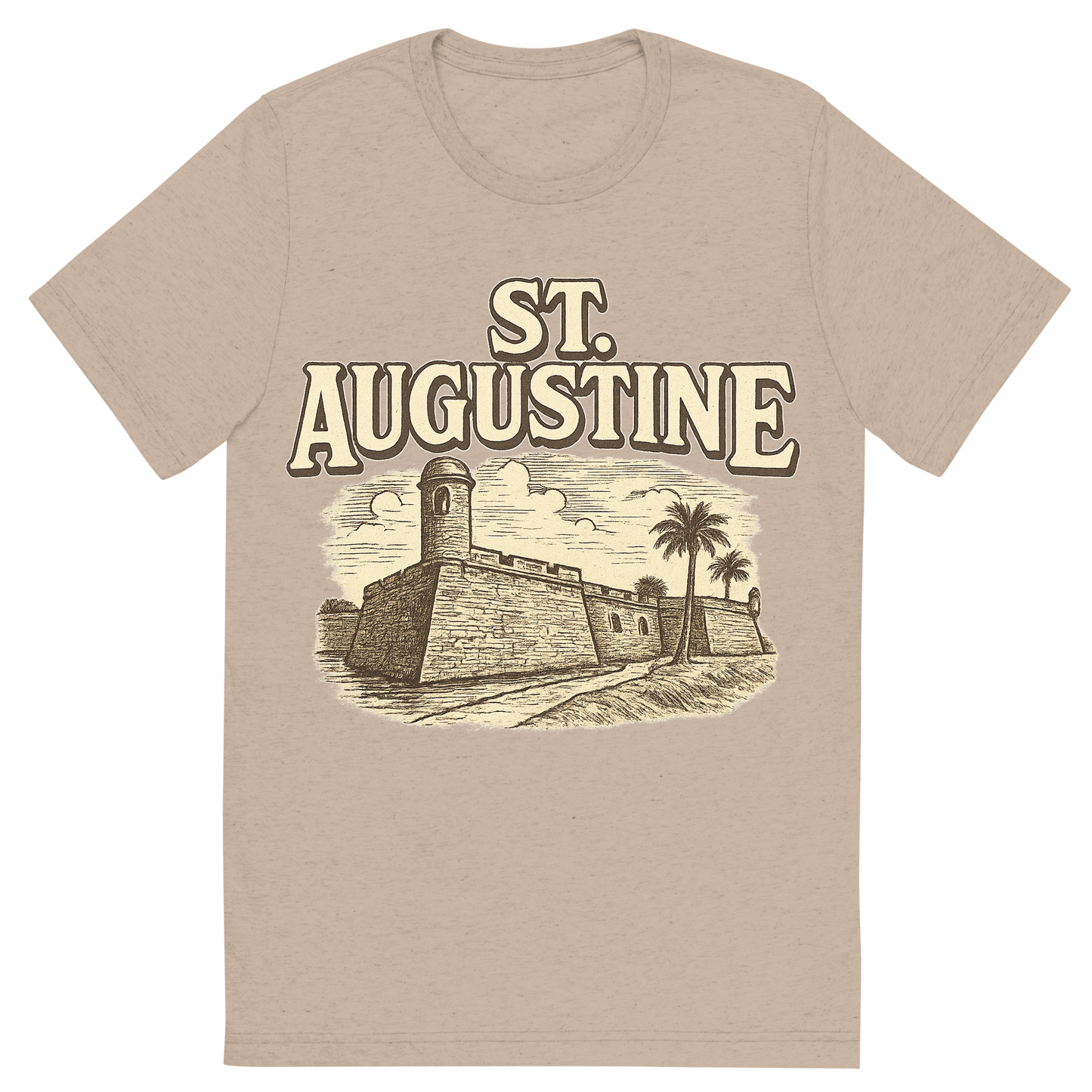 Front view of a Premium Tri-Blend Crew Neck T-Shirt in Tan showing 'A typographic, nostalgic graphic of a typographic illustration of the words 'st. augustine' with a vintage line art drawing of the castillo de san marcos'