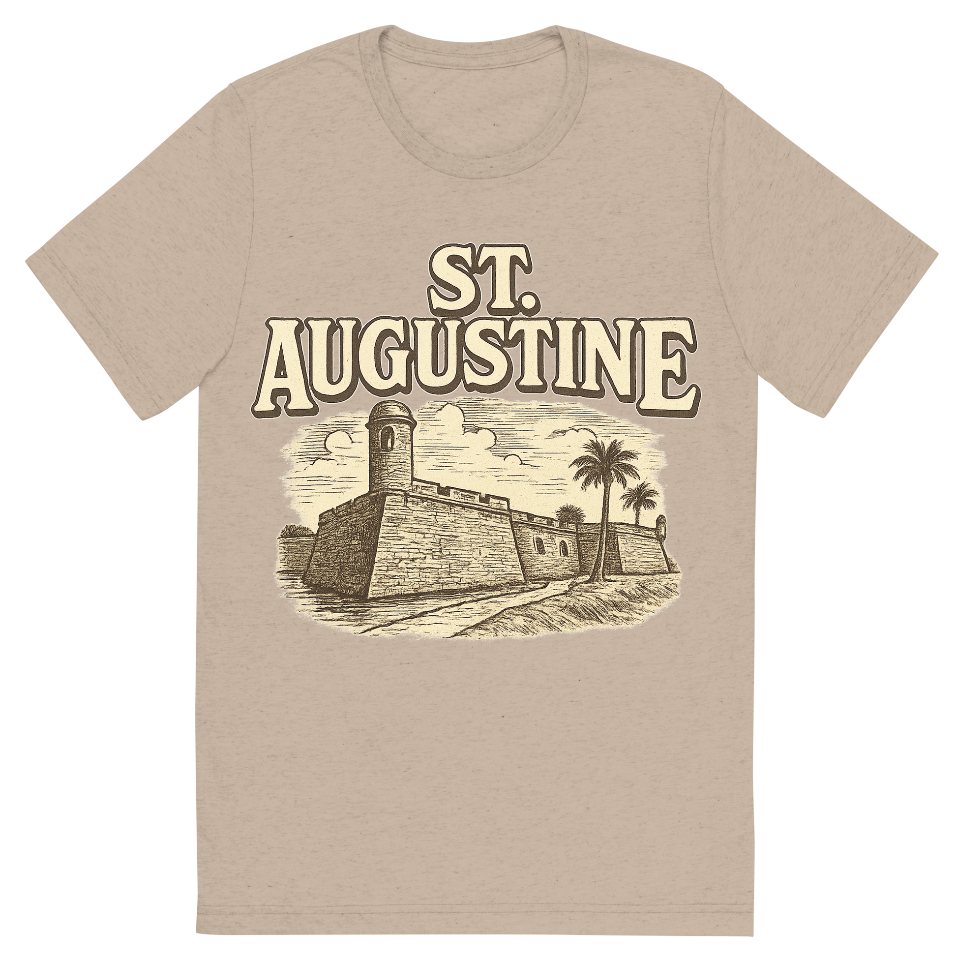 Front view of a Premium Tri-Blend Crew Neck T-Shirt in Tan showing 'A typographic, nostalgic graphic of a typographic illustration of the words 'st. augustine' with a vintage line art drawing of the castillo de san marcos'