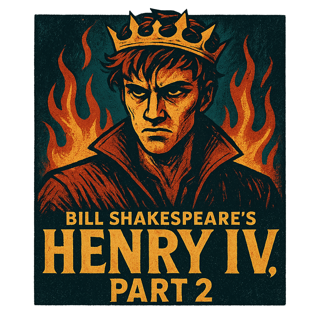 A retro, edgy graphic of a visual representation of a key theme and character from william shakespeare's henry iv, part 2 – a t-shirt design