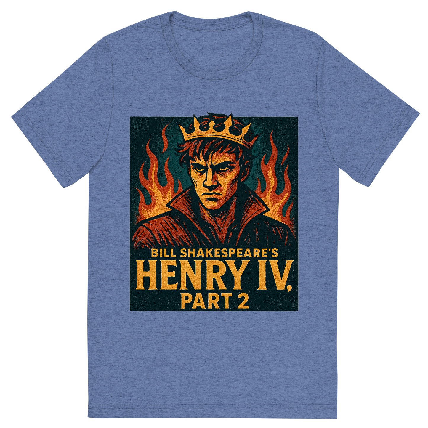 Front view of a Premium Tri-Blend Crew Neck T-Shirt in Blue showing 'A retro, edgy graphic of a visual representation of a key theme and character from william shakespeare's henry iv, part 2'