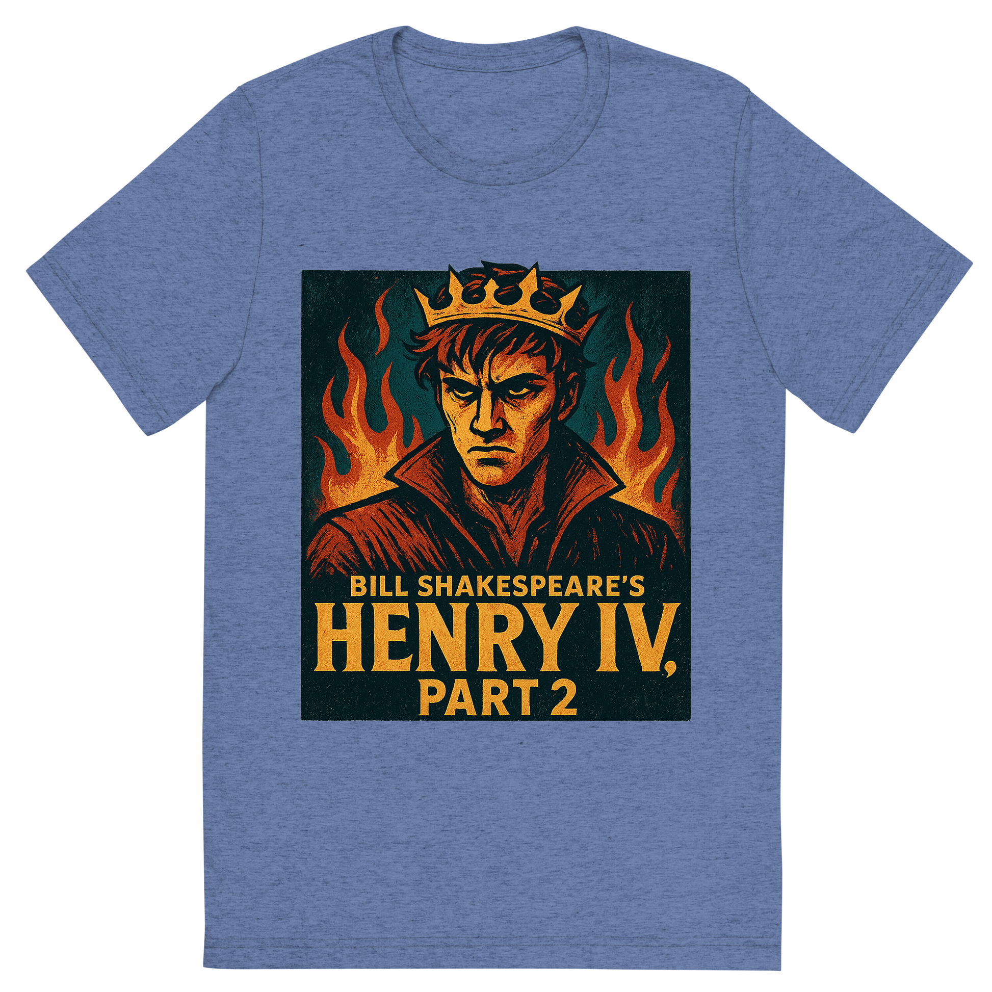 Front view of a Premium Tri-Blend Crew Neck T-Shirt in Blue showing 'A retro, edgy graphic of a visual representation of a key theme and character from william shakespeare's henry iv, part 2'