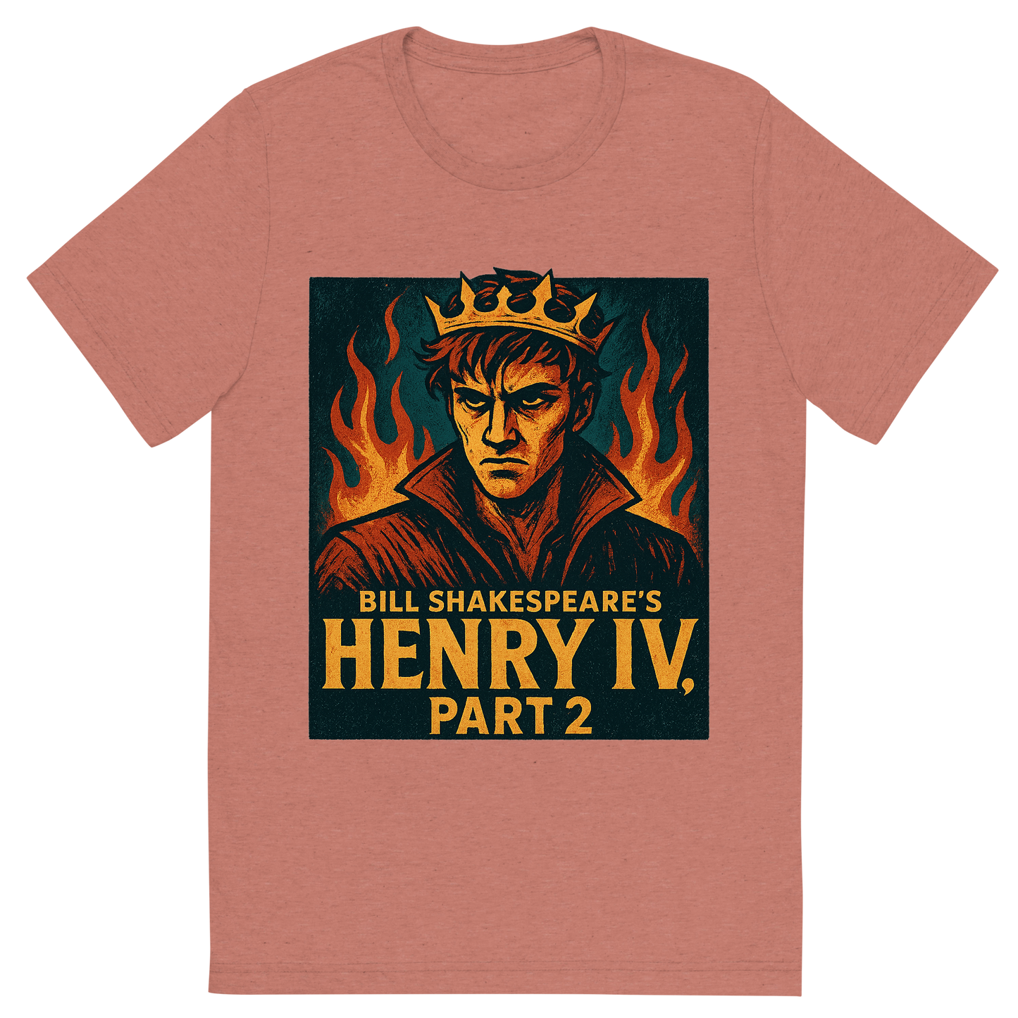 Front view of a Premium Tri-Blend Crew Neck T-Shirt in Mauve showing 'A retro, edgy graphic of a visual representation of a key theme and character from william shakespeare's henry iv, part 2'
