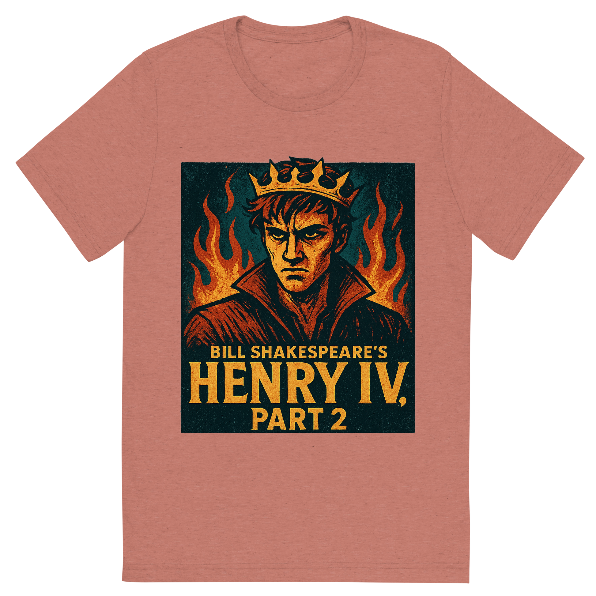 Front view of a Premium Tri-Blend Crew Neck T-Shirt in Mauve showing 'A retro, edgy graphic of a visual representation of a key theme and character from william shakespeare's henry iv, part 2'