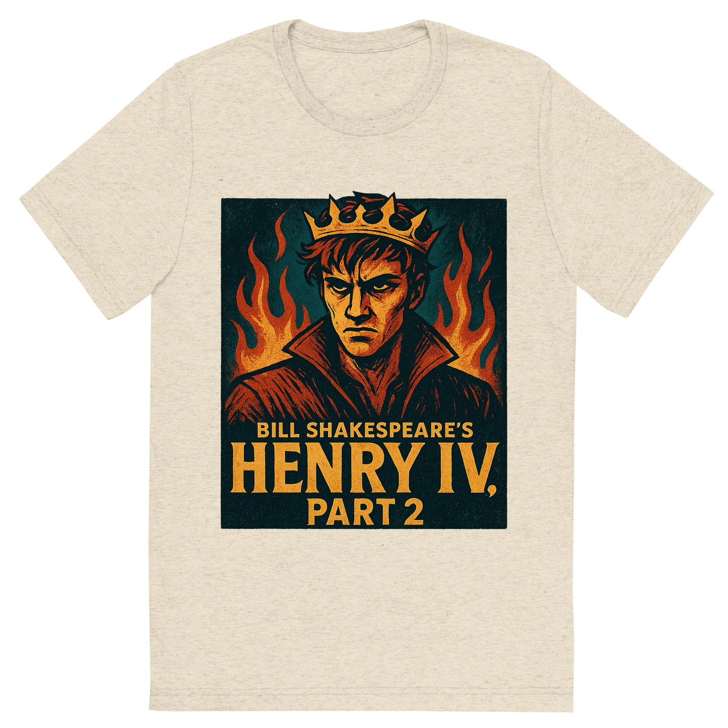 Front view of a Premium Tri-Blend Crew Neck T-Shirt in Oatmeal showing 'A retro, edgy graphic of a visual representation of a key theme and character from william shakespeare's henry iv, part 2'
