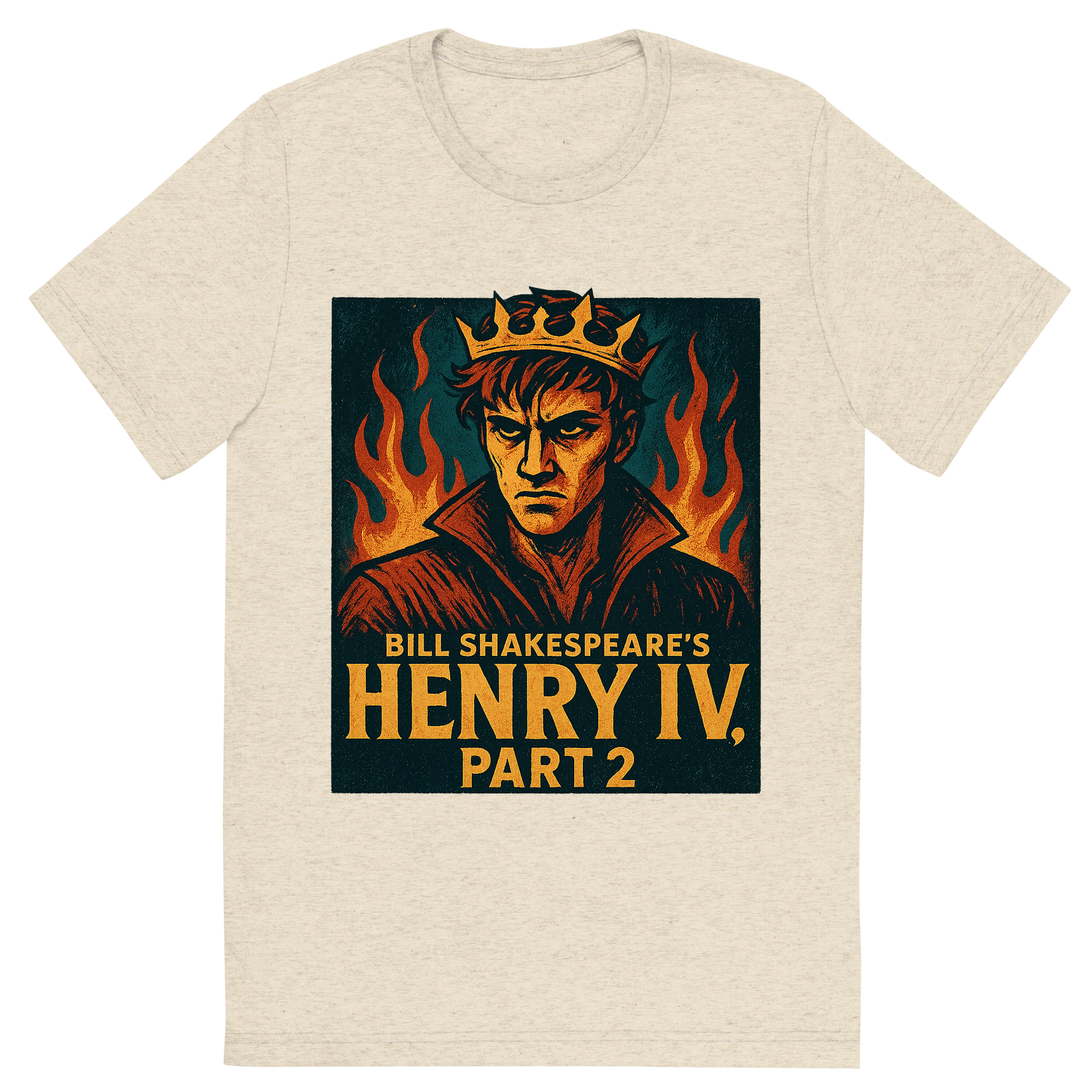 Front view of a Premium Tri-Blend Crew Neck T-Shirt in Oatmeal showing 'A retro, edgy graphic of a visual representation of a key theme and character from william shakespeare's henry iv, part 2'