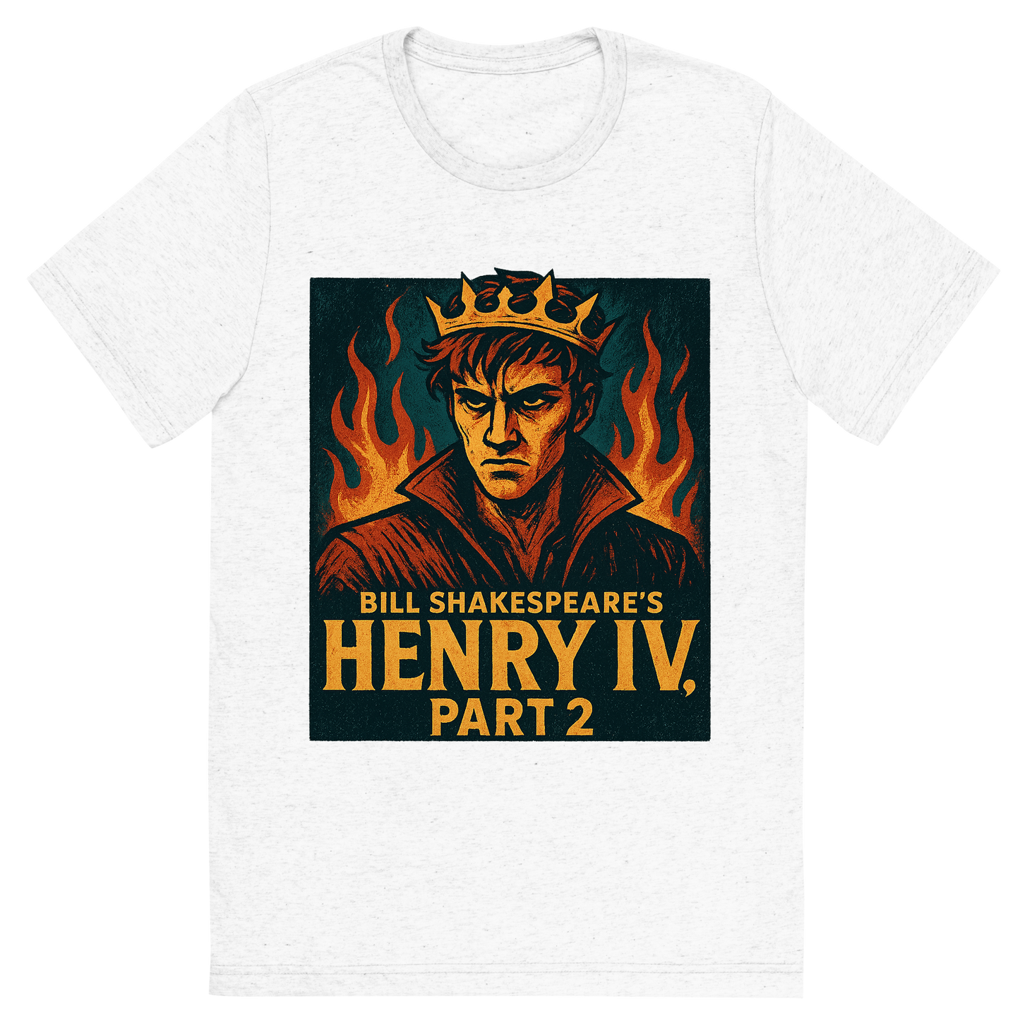 Front view of a Premium Tri-Blend Crew Neck T-Shirt in Solid White showing 'A retro, edgy graphic of a visual representation of a key theme and character from william shakespeare's henry iv, part 2'