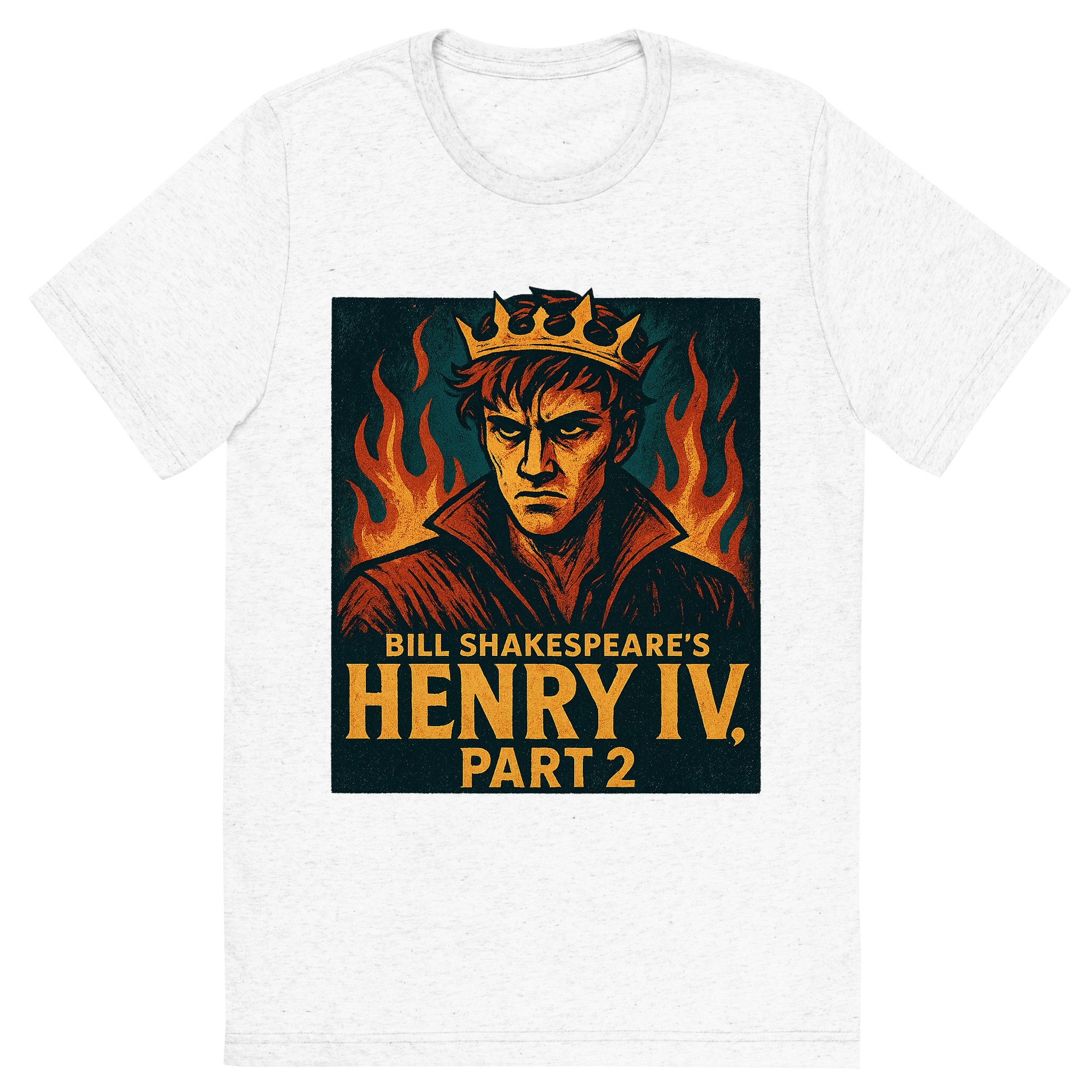 Front view of a Premium Tri-Blend Crew Neck T-Shirt in Solid White showing 'A retro, edgy graphic of a visual representation of a key theme and character from william shakespeare's henry iv, part 2'