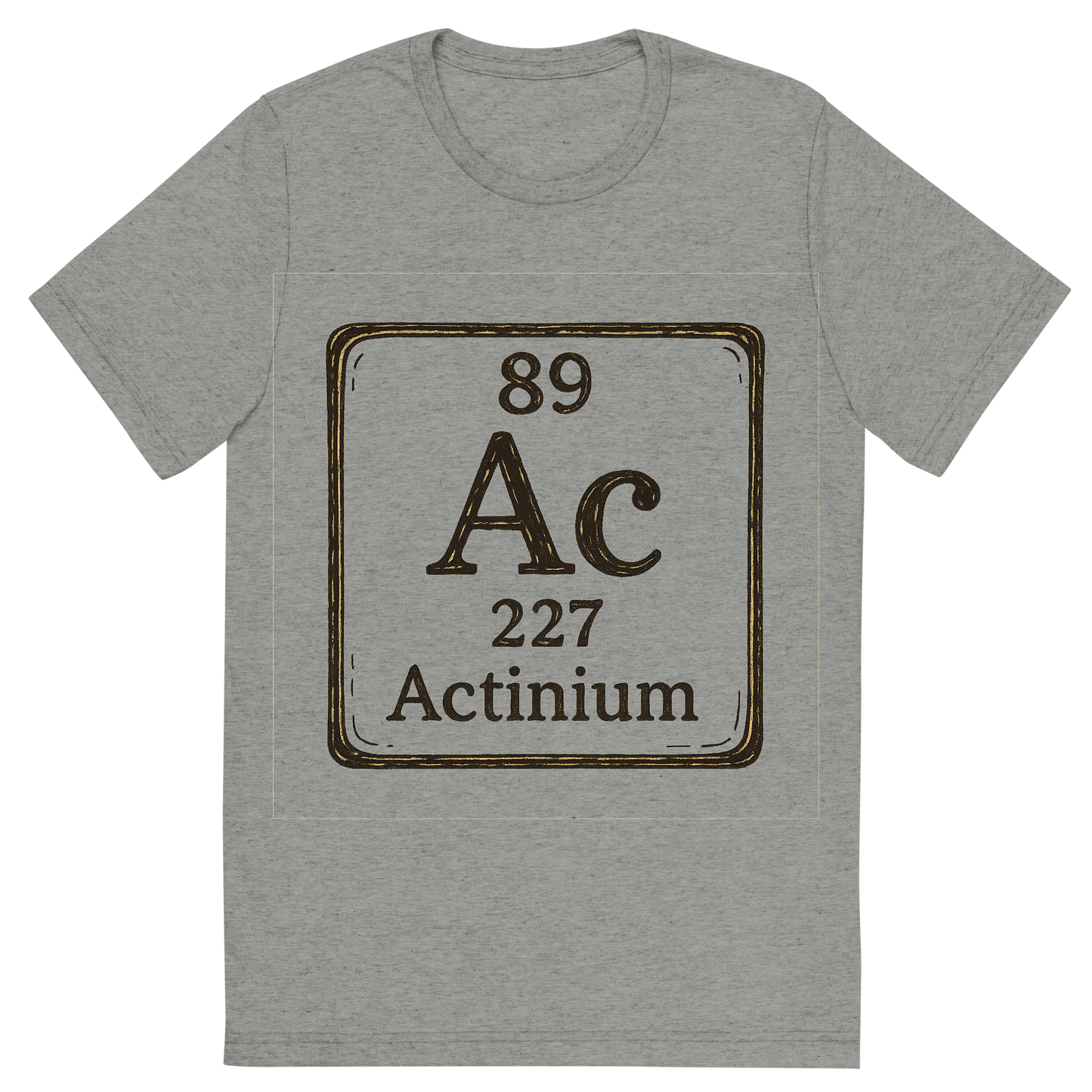 Front view of a Premium Tri-Blend Crew Neck T-Shirt in Athletic Grey showing 'A line art, nostalgic graphic of actinium's entry on the periodic table, use a dark color for the lines and text'