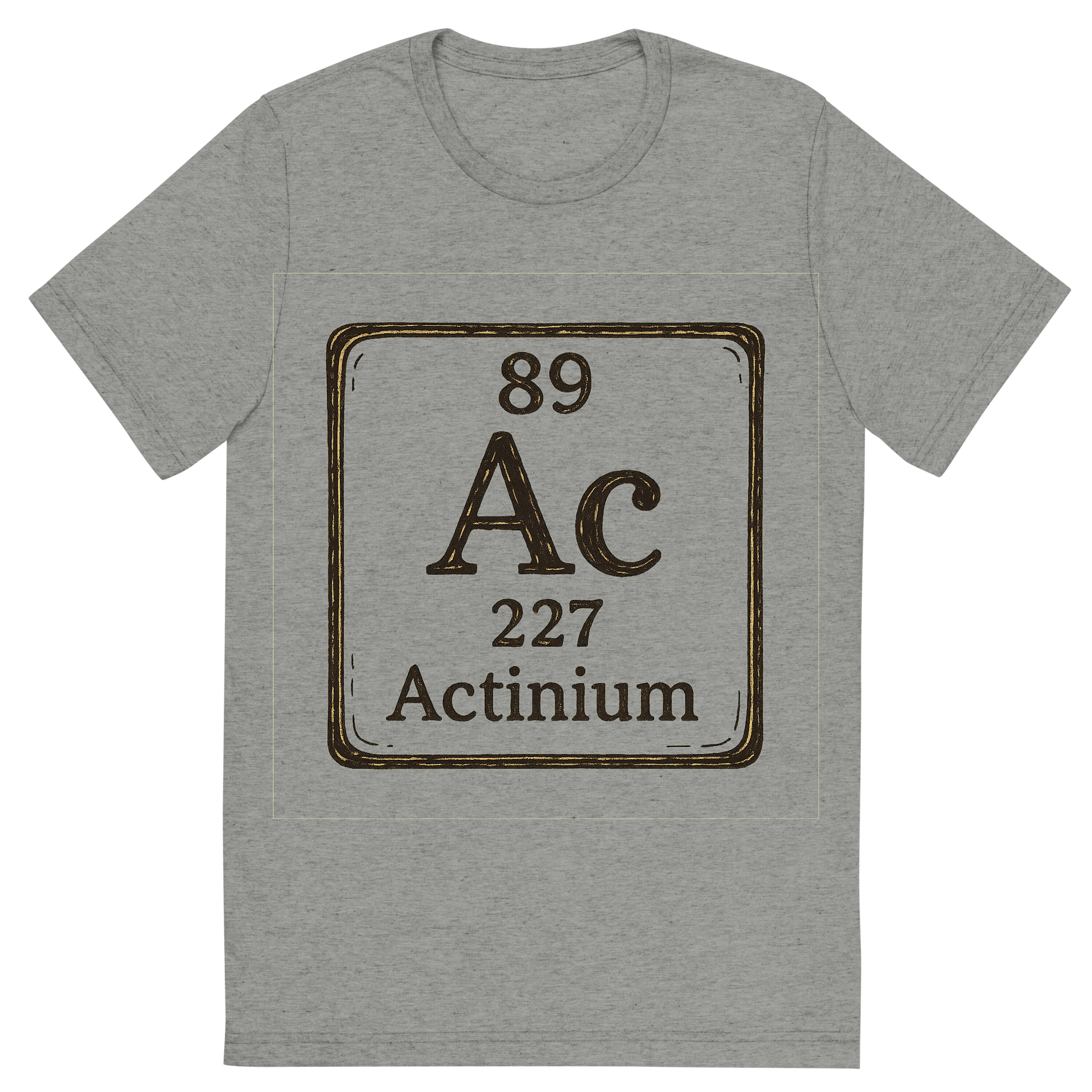 Front view of a Premium Tri-Blend Crew Neck T-Shirt in Athletic Grey showing 'A line art, nostalgic graphic of actinium's entry on the periodic table, use a dark color for the lines and text'