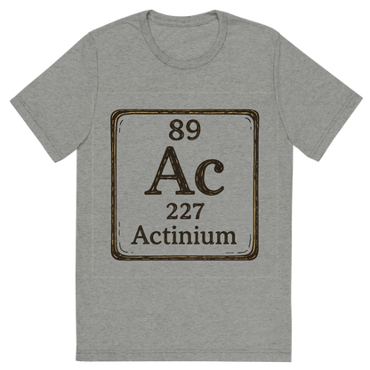 Front view of a Premium Tri-Blend Crew Neck T-Shirt in Athletic Grey showing 'A line art, nostalgic graphic of actinium's entry on the periodic table, use a dark color for the lines and text'