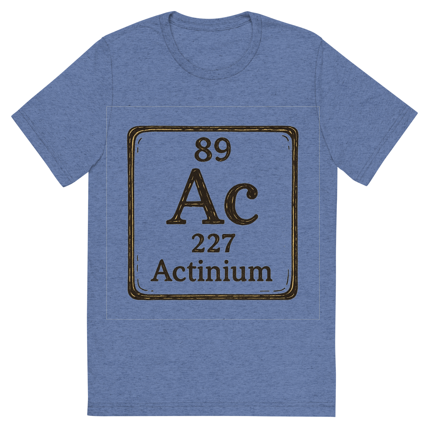 Front view of a Premium Tri-Blend Crew Neck T-Shirt in Blue showing 'A line art, nostalgic graphic of actinium's entry on the periodic table, use a dark color for the lines and text'