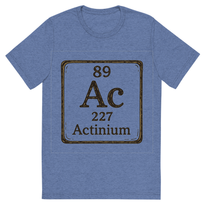 Front view of a Premium Tri-Blend Crew Neck T-Shirt in Blue showing 'A line art, nostalgic graphic of actinium's entry on the periodic table, use a dark color for the lines and text'