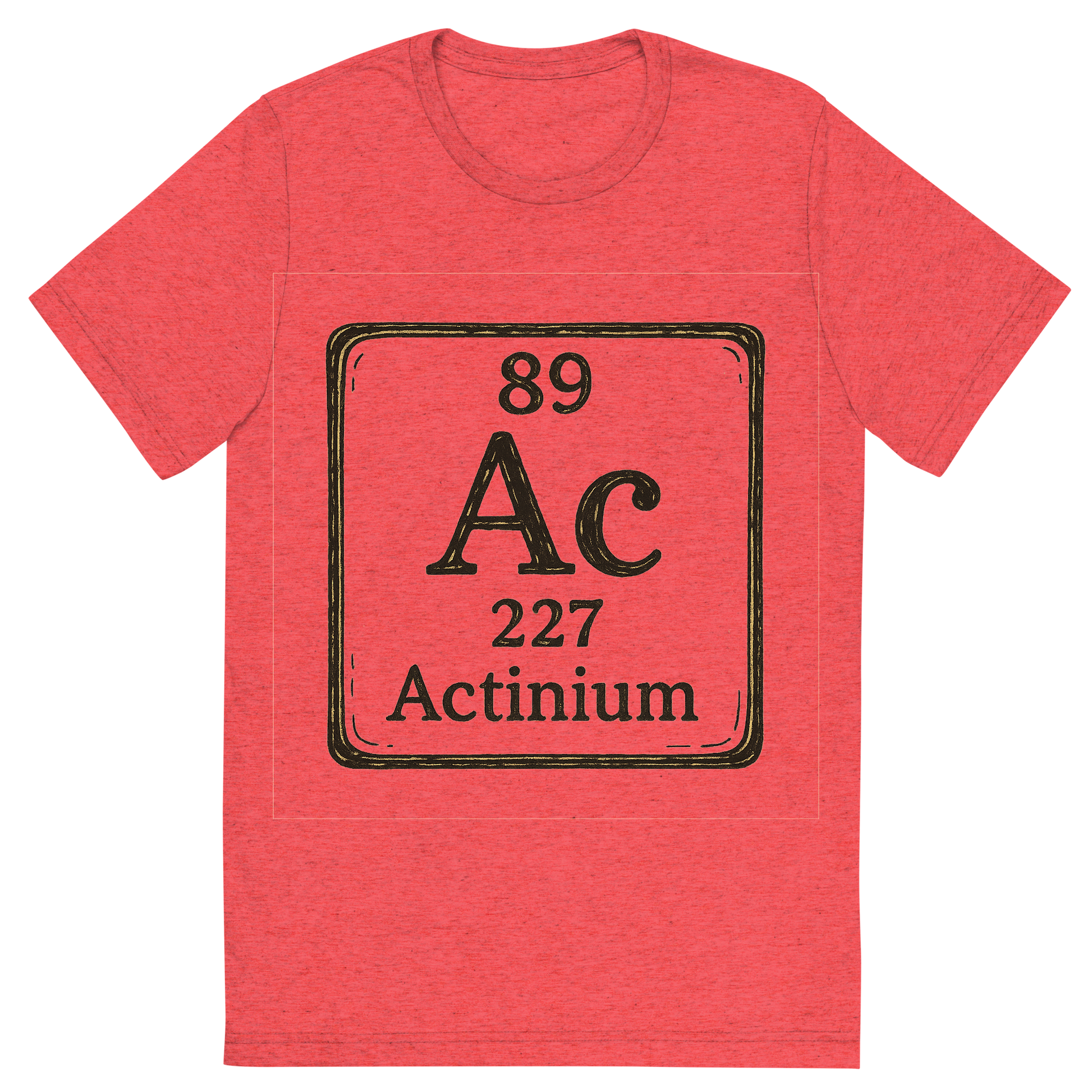 Front view of a Premium Tri-Blend Crew Neck T-Shirt in Red showing 'A line art, nostalgic graphic of actinium's entry on the periodic table, use a dark color for the lines and text'