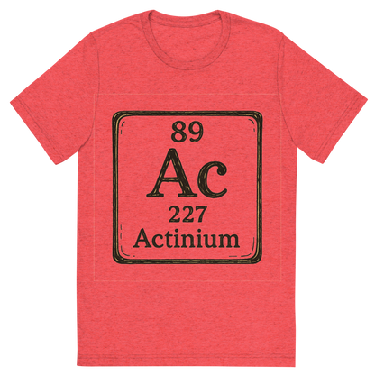 Front view of a Premium Tri-Blend Crew Neck T-Shirt in Red showing 'A line art, nostalgic graphic of actinium's entry on the periodic table, use a dark color for the lines and text'