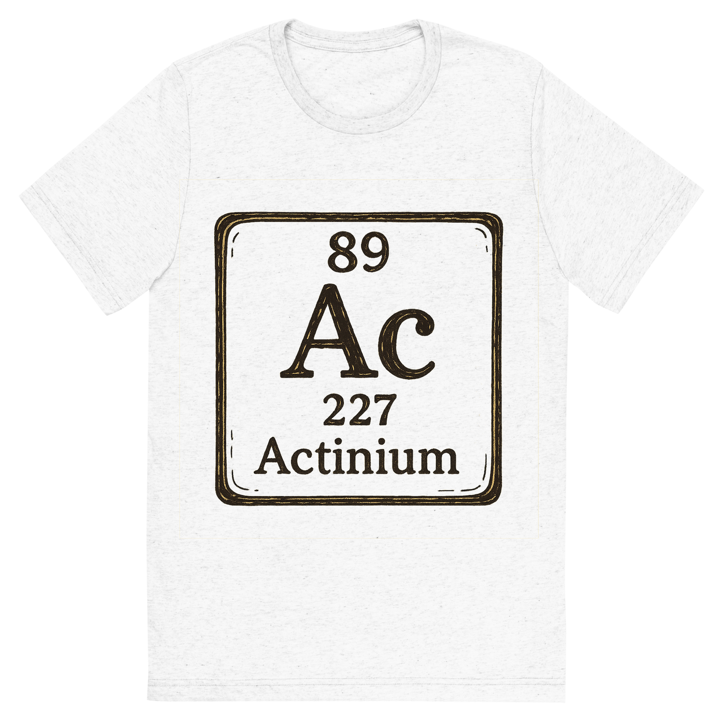 Front view of a Premium Tri-Blend Crew Neck T-Shirt in Solid White showing 'A line art, nostalgic graphic of actinium's entry on the periodic table, use a dark color for the lines and text'