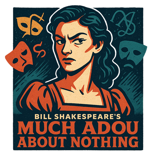 A retro, edgy graphic of a visual representation of a key theme and character from william shakespeare's much ado about nothing – a t-shirt design