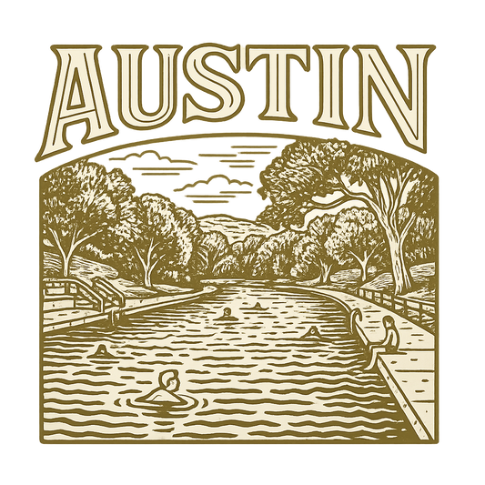 A typographic, nostalgic graphic of a typographic illustration of the words 'austin' with a vintage line art drawing of the barton springs pool – a t-shirt design