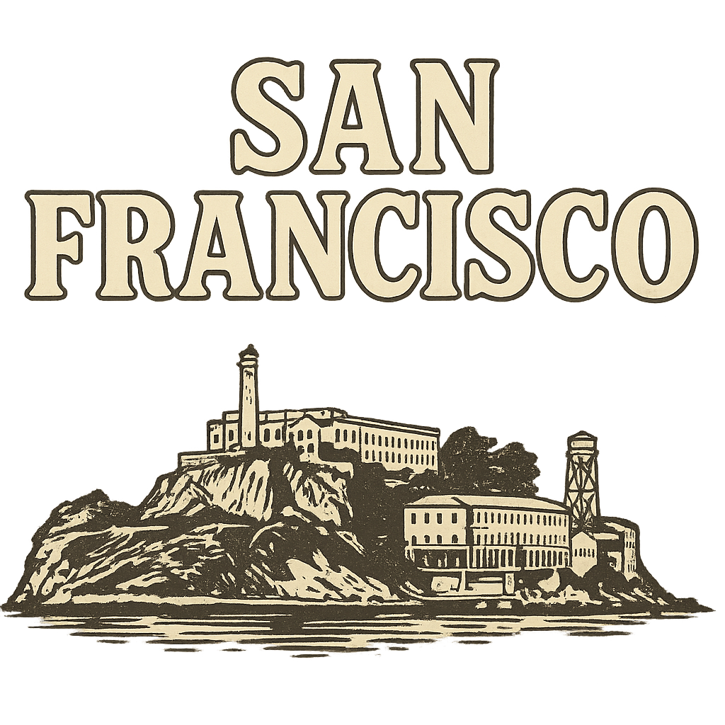 A typographic, nostalgic graphic of a typographic illustration of the words 'san francisco' with a vintage line art drawing of alcatraz island – a t-shirt design