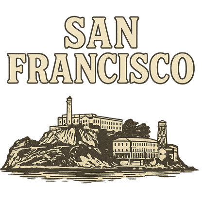 A typographic, nostalgic graphic of a typographic illustration of the words 'san francisco' with a vintage line art drawing of alcatraz island – a t-shirt design