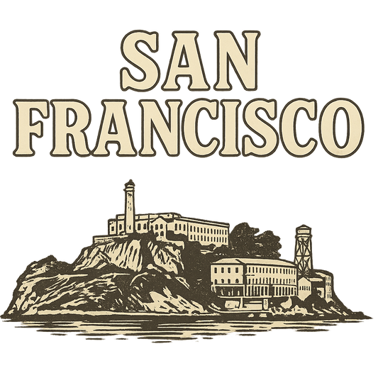 A typographic, nostalgic graphic of a typographic illustration of the words 'san francisco' with a vintage line art drawing of alcatraz island – a t-shirt design