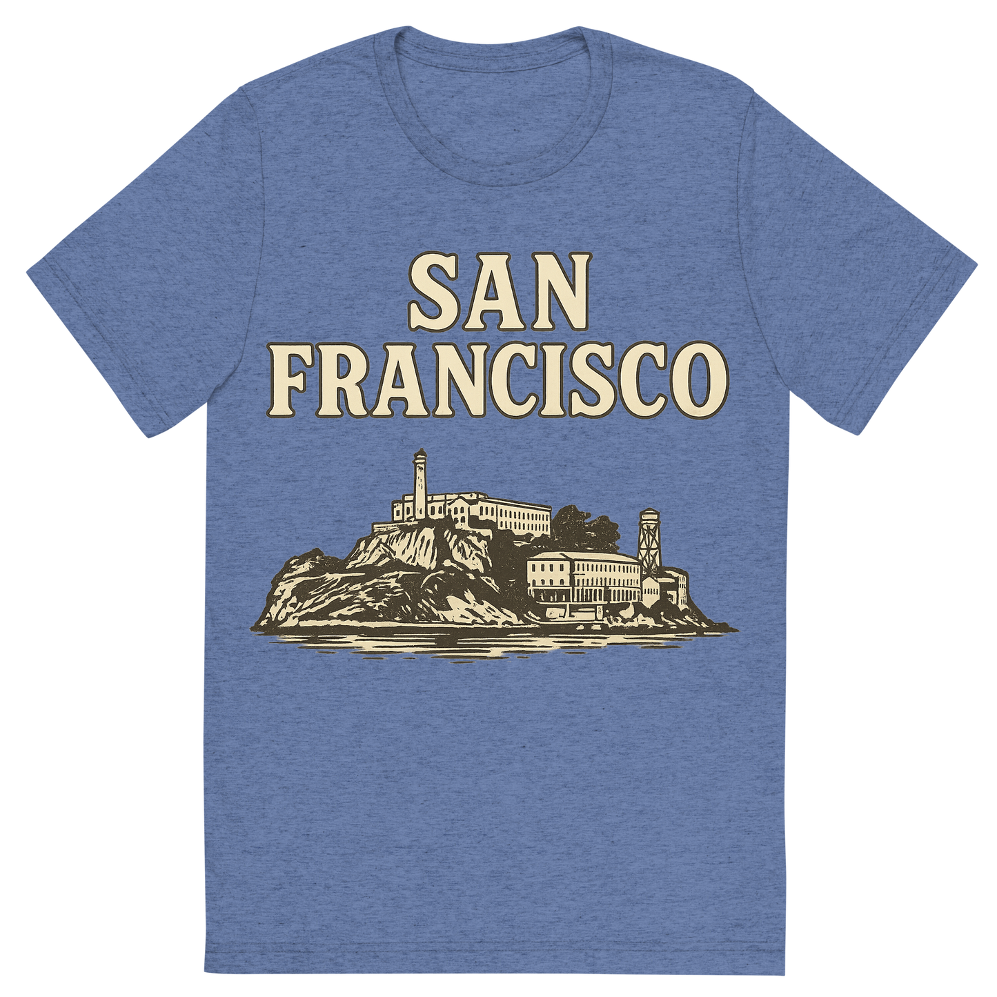Front view of a Premium Tri-Blend Crew Neck T-Shirt in Blue showing 'A typographic, nostalgic graphic of a typographic illustration of the words 'san francisco' with a vintage line art drawing of alcatraz island'