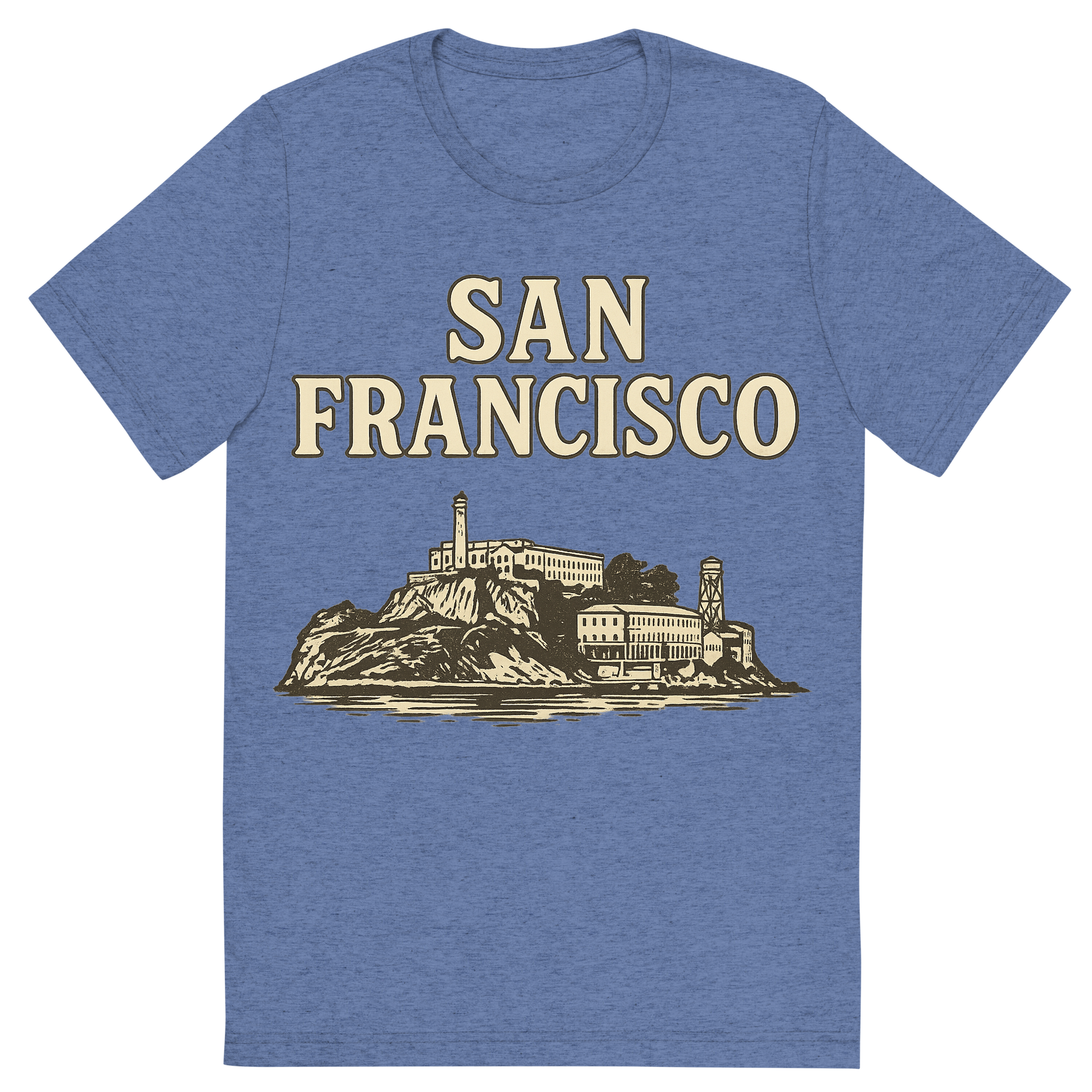 Front view of a Premium Tri-Blend Crew Neck T-Shirt in Blue showing 'A typographic, nostalgic graphic of a typographic illustration of the words 'san francisco' with a vintage line art drawing of alcatraz island'