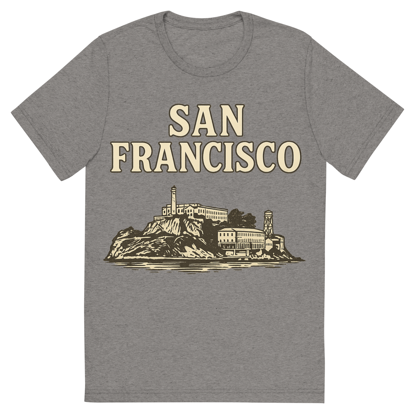 Front view of a Premium Tri-Blend Crew Neck T-Shirt in Grey showing 'A typographic, nostalgic graphic of a typographic illustration of the words 'san francisco' with a vintage line art drawing of alcatraz island'