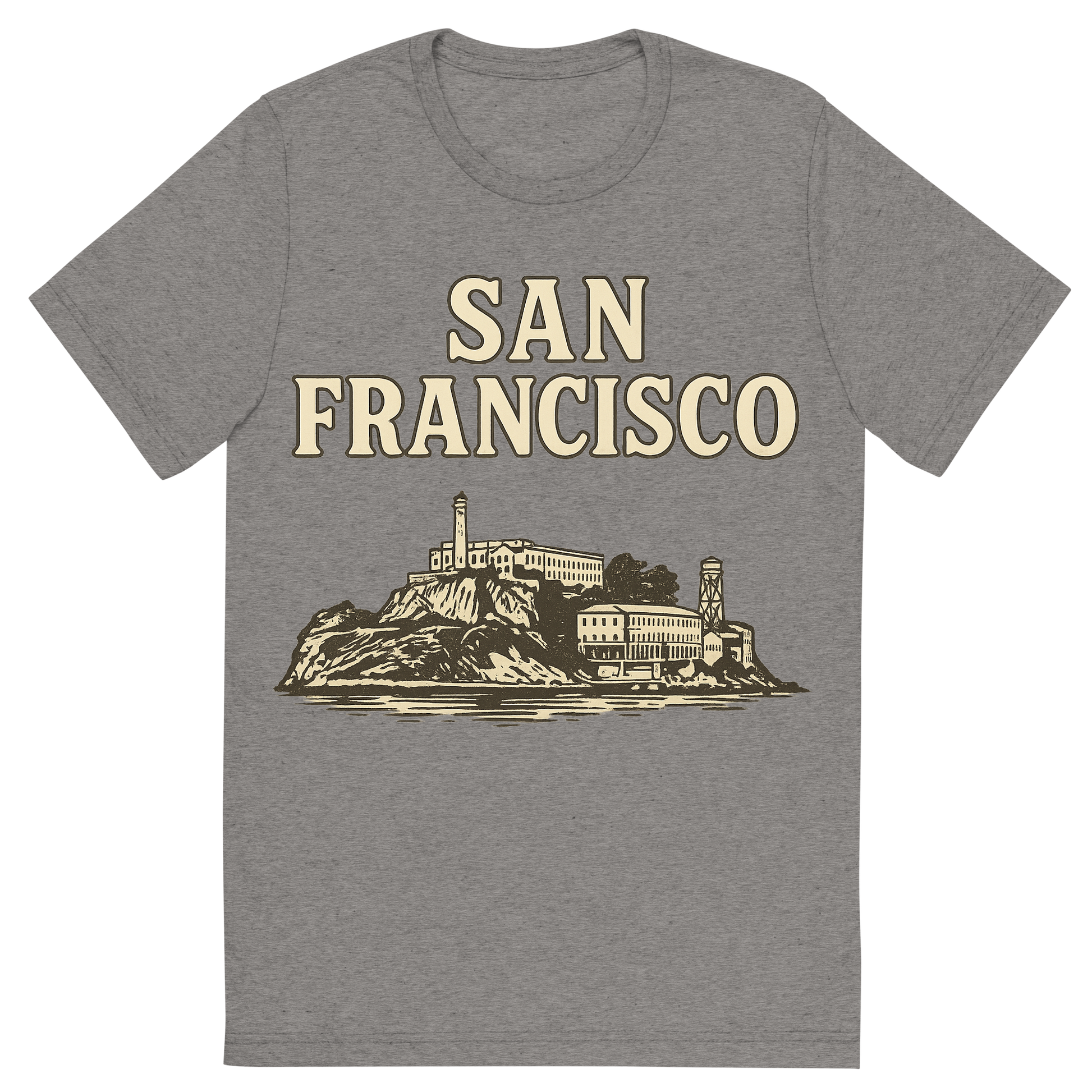 Front view of a Premium Tri-Blend Crew Neck T-Shirt in Grey showing 'A typographic, nostalgic graphic of a typographic illustration of the words 'san francisco' with a vintage line art drawing of alcatraz island'