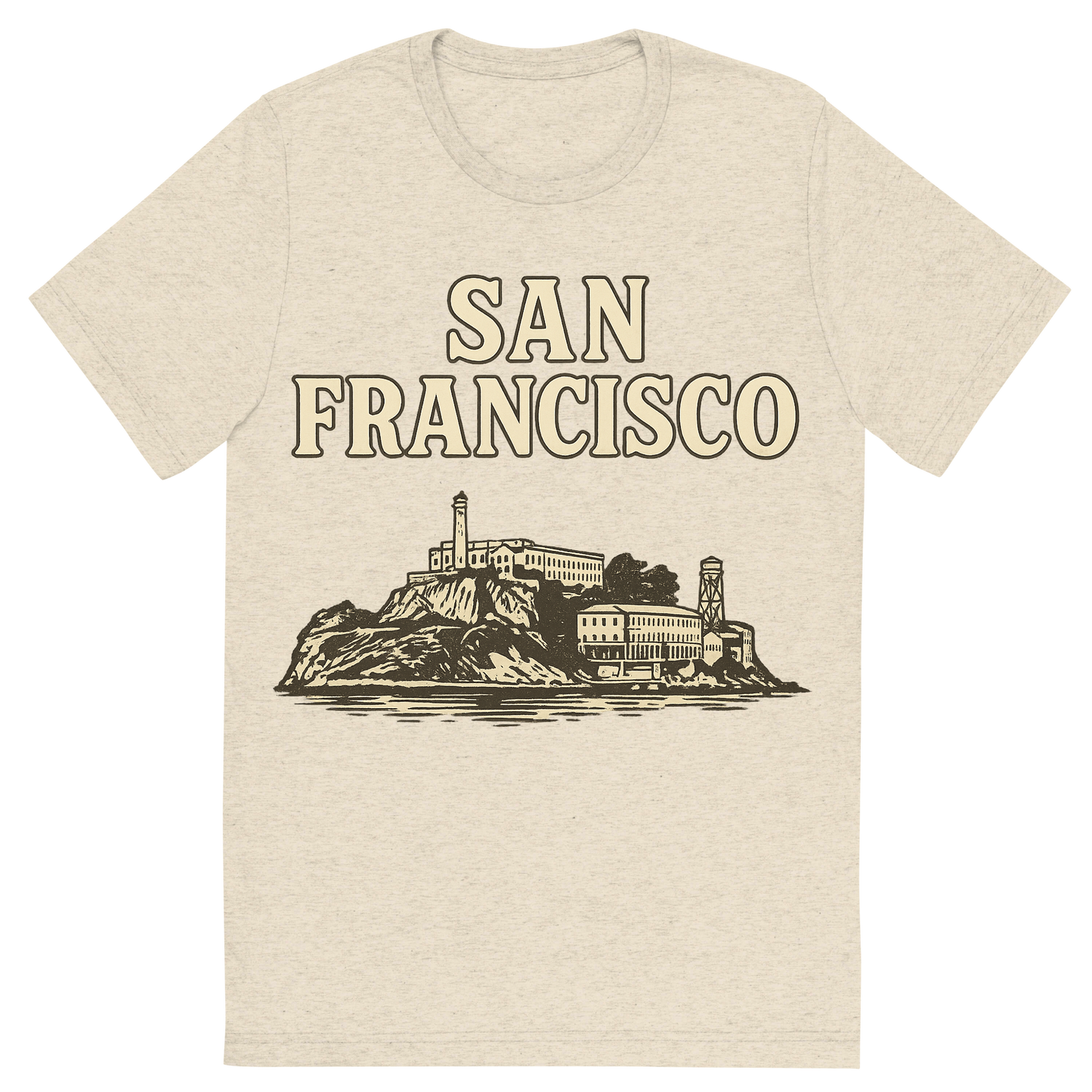 Front view of a Premium Tri-Blend Crew Neck T-Shirt in Oatmeal showing 'A typographic, nostalgic graphic of a typographic illustration of the words 'san francisco' with a vintage line art drawing of alcatraz island'