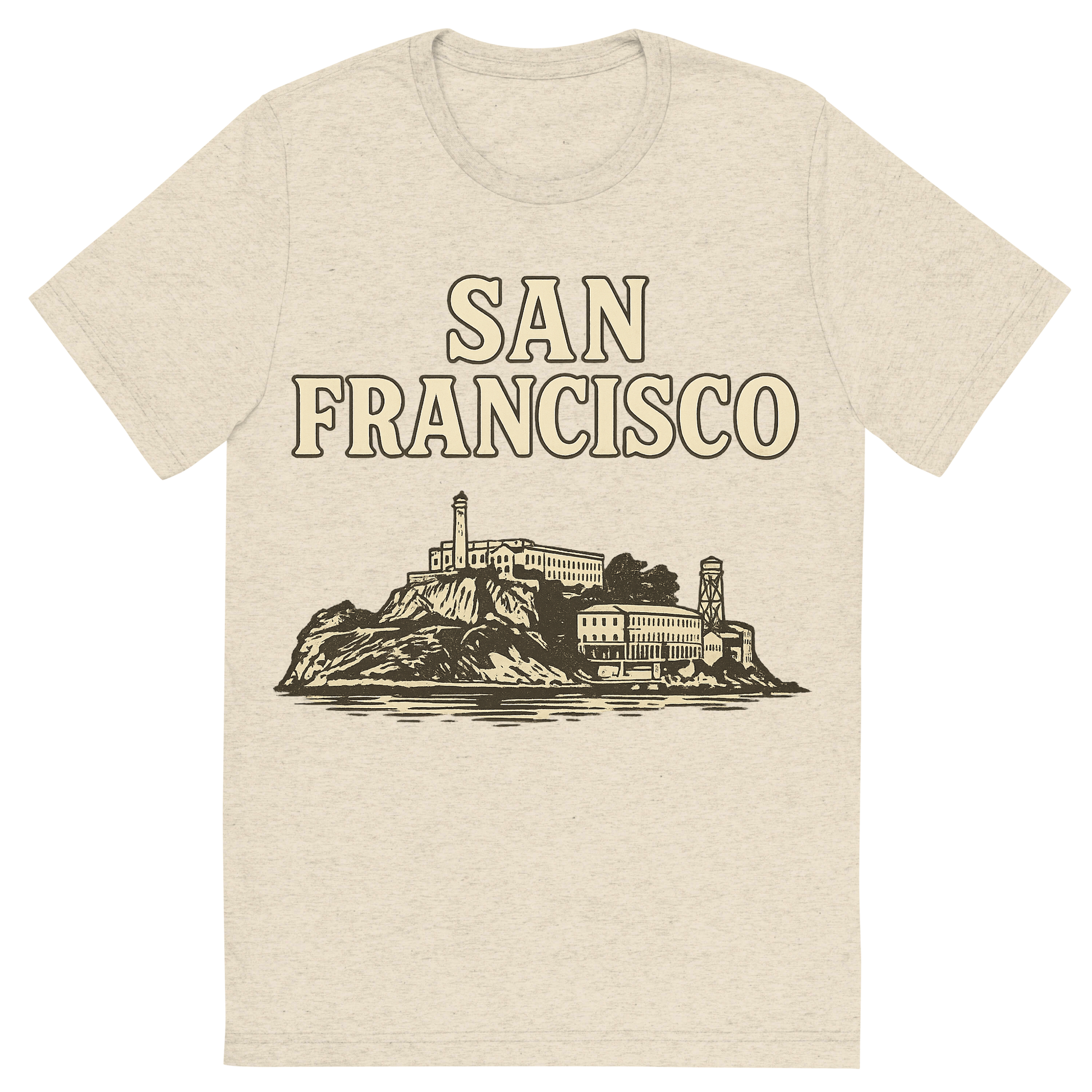 Front view of a Premium Tri-Blend Crew Neck T-Shirt in Oatmeal showing 'A typographic, nostalgic graphic of a typographic illustration of the words 'san francisco' with a vintage line art drawing of alcatraz island'