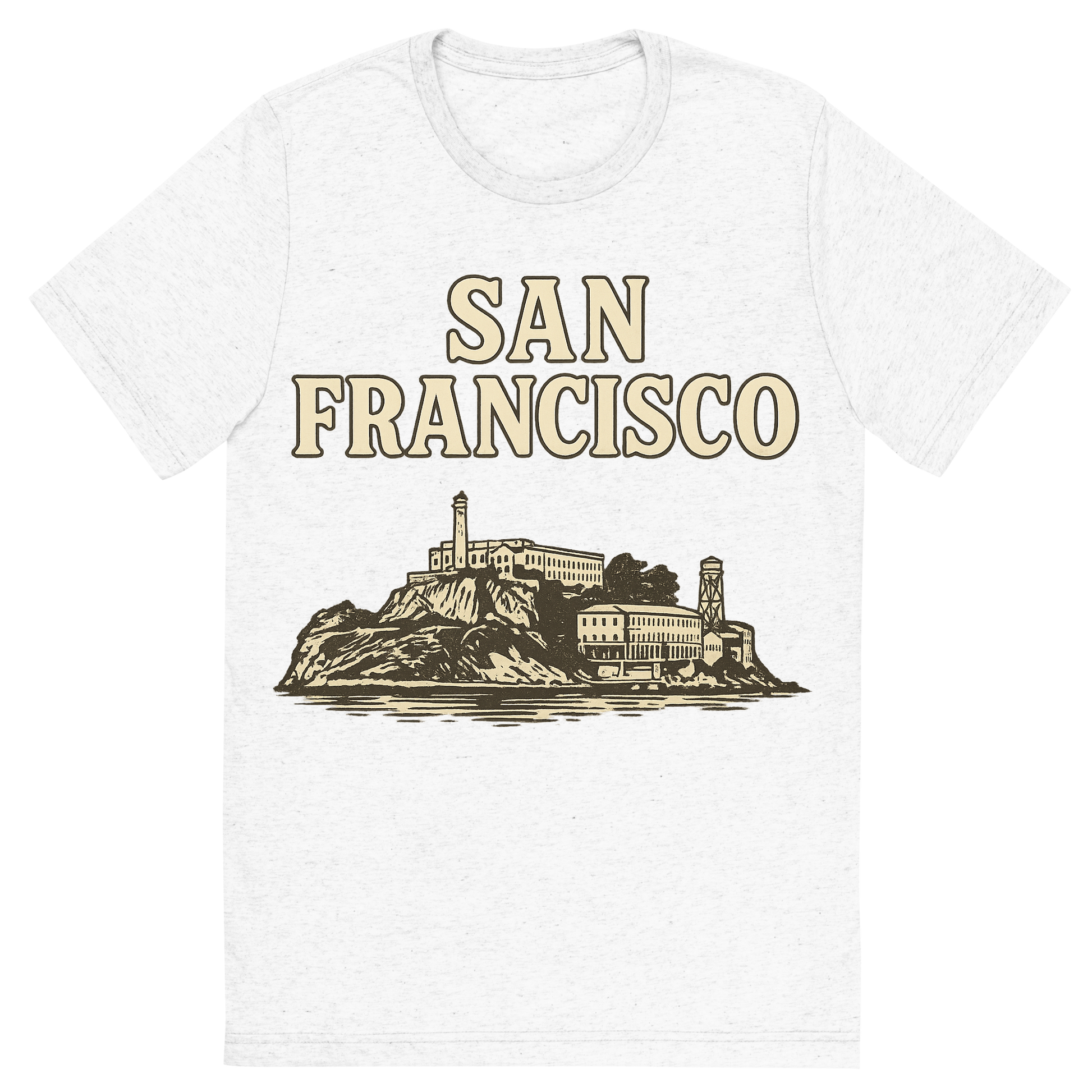 Front view of a Premium Tri-Blend Crew Neck T-Shirt in Solid White showing 'A typographic, nostalgic graphic of a typographic illustration of the words 'san francisco' with a vintage line art drawing of alcatraz island'