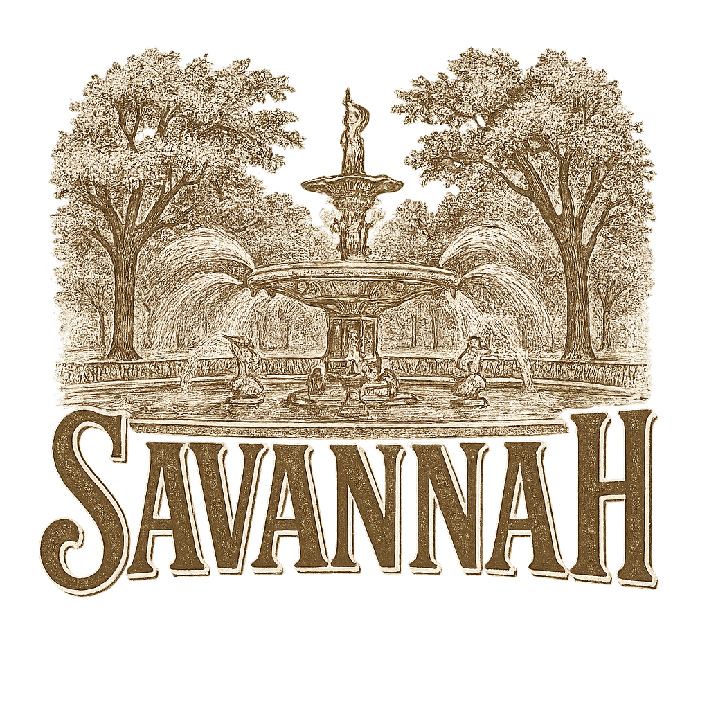 A typographic, nostalgic graphic of a typographic illustration of the words 'savannah' with a vintage line art drawing of forsyth park – a t-shirt design