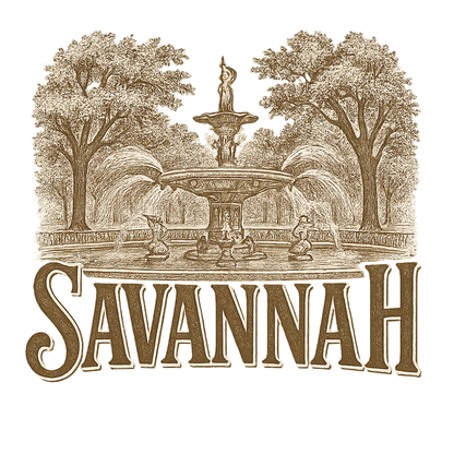A typographic, nostalgic graphic of a typographic illustration of the words 'savannah' with a vintage line art drawing of forsyth park – a t-shirt design