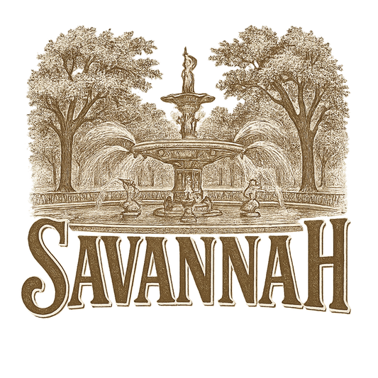 A typographic, nostalgic graphic of a typographic illustration of the words 'savannah' with a vintage line art drawing of forsyth park – a t-shirt design
