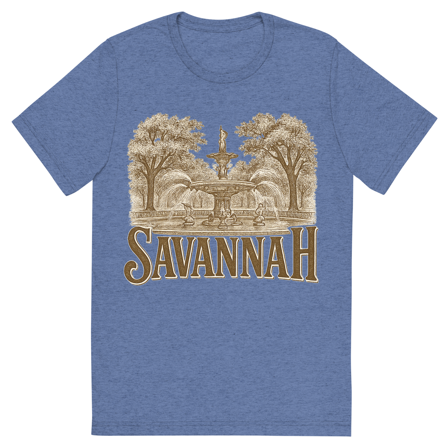 Front view of a Premium Tri-Blend Crew Neck T-Shirt in Blue showing 'A typographic, nostalgic graphic of a typographic illustration of the words 'savannah' with a vintage line art drawing of forsyth park'