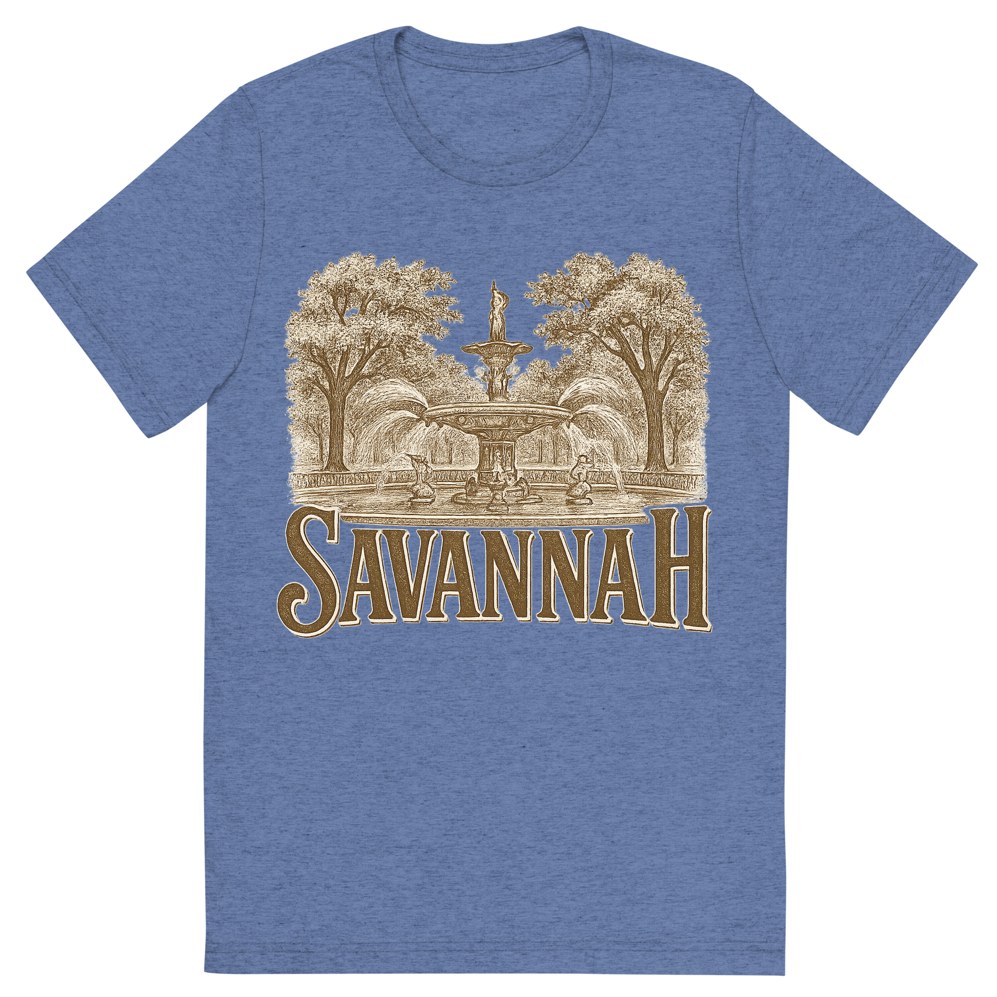Front view of a Premium Tri-Blend Crew Neck T-Shirt in Blue showing 'A typographic, nostalgic graphic of a typographic illustration of the words 'savannah' with a vintage line art drawing of forsyth park'