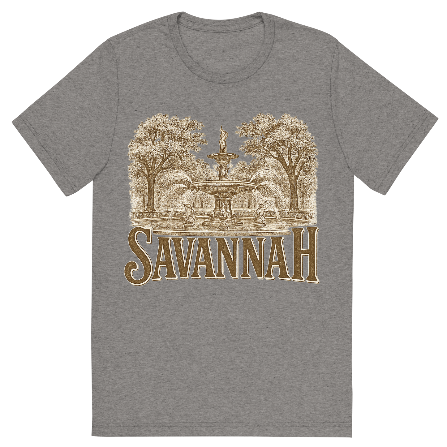 Front view of a Premium Tri-Blend Crew Neck T-Shirt in Grey showing 'A typographic, nostalgic graphic of a typographic illustration of the words 'savannah' with a vintage line art drawing of forsyth park'