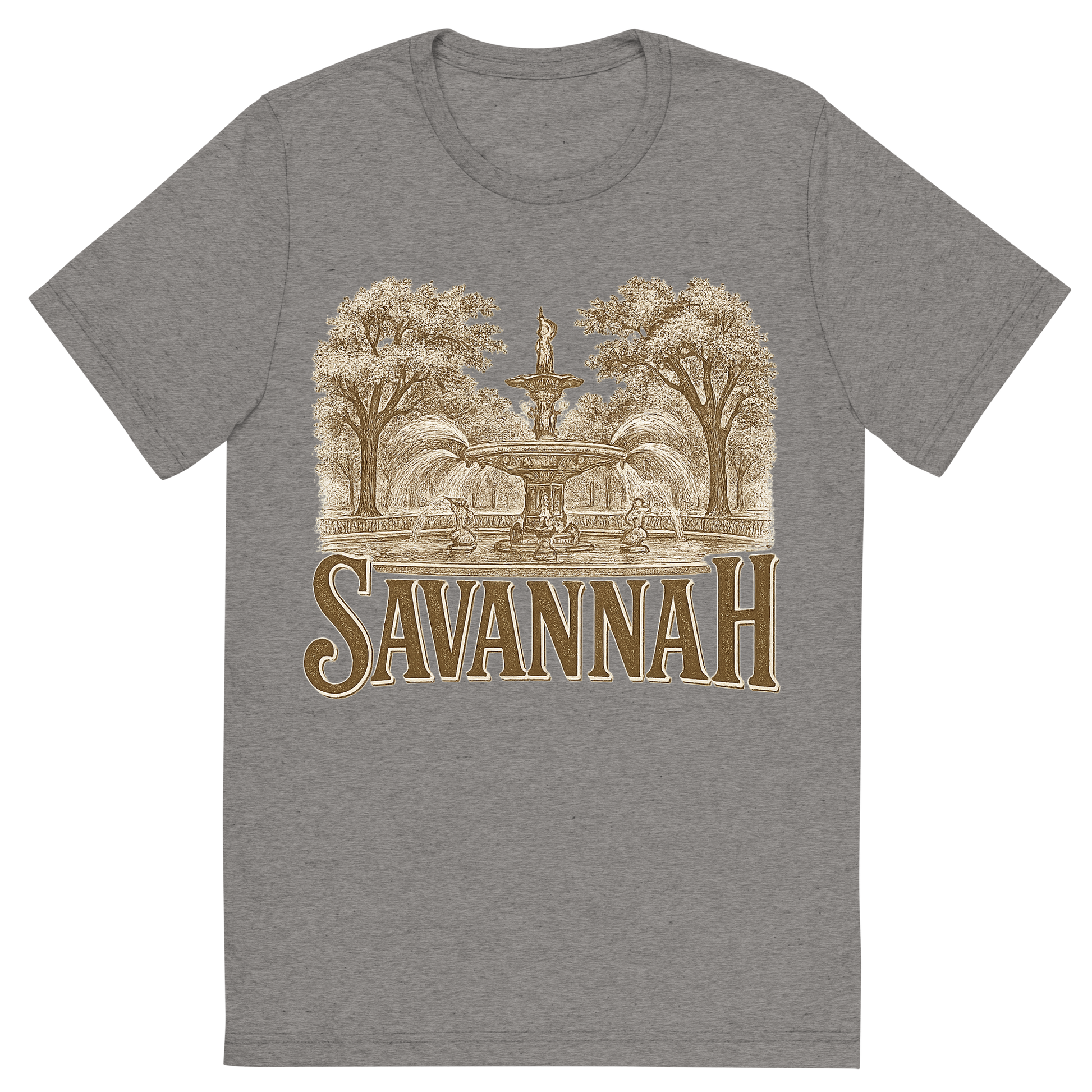 Front view of a Premium Tri-Blend Crew Neck T-Shirt in Grey showing 'A typographic, nostalgic graphic of a typographic illustration of the words 'savannah' with a vintage line art drawing of forsyth park'