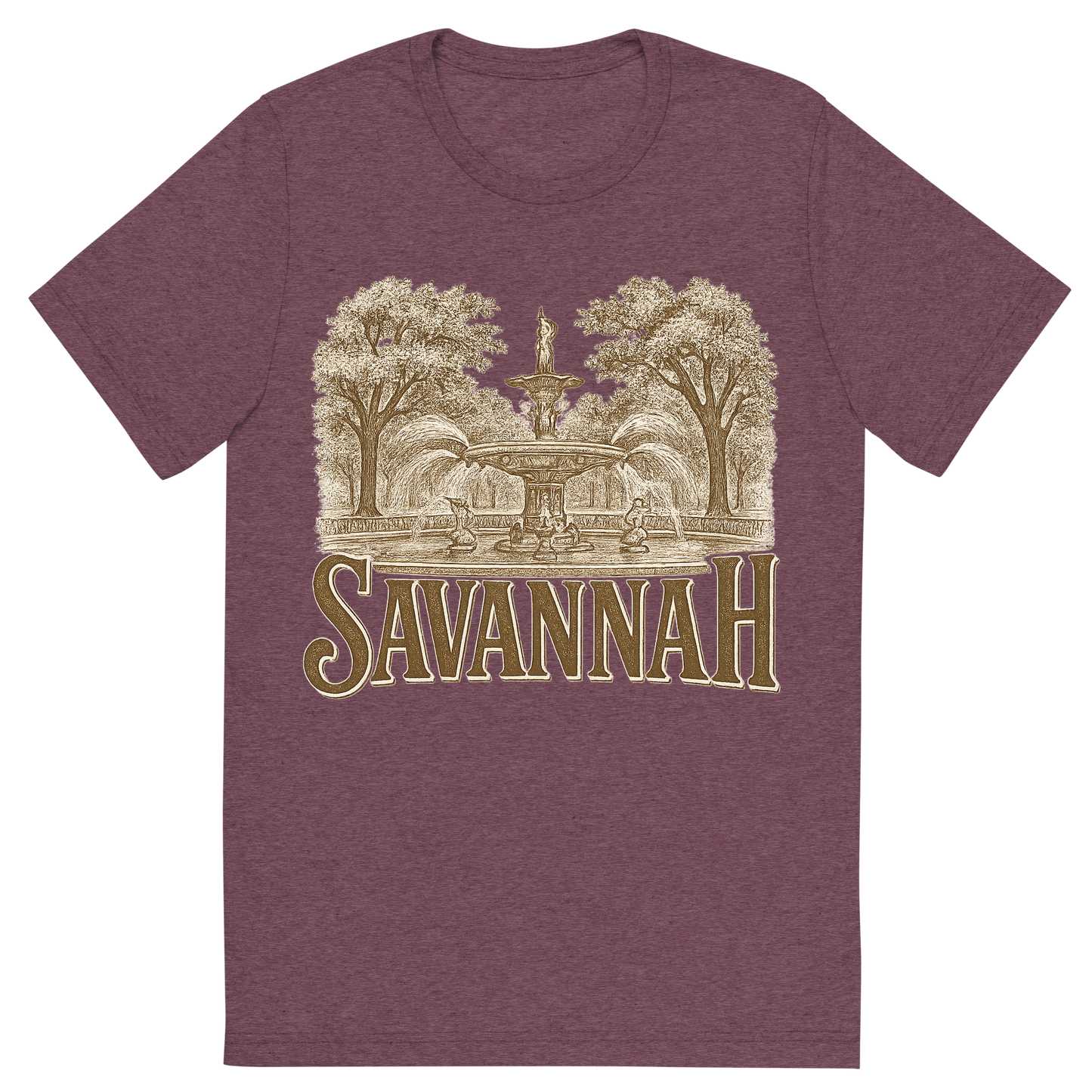 Front view of a Premium Tri-Blend Crew Neck T-Shirt in Maroon showing 'A typographic, nostalgic graphic of a typographic illustration of the words 'savannah' with a vintage line art drawing of forsyth park'
