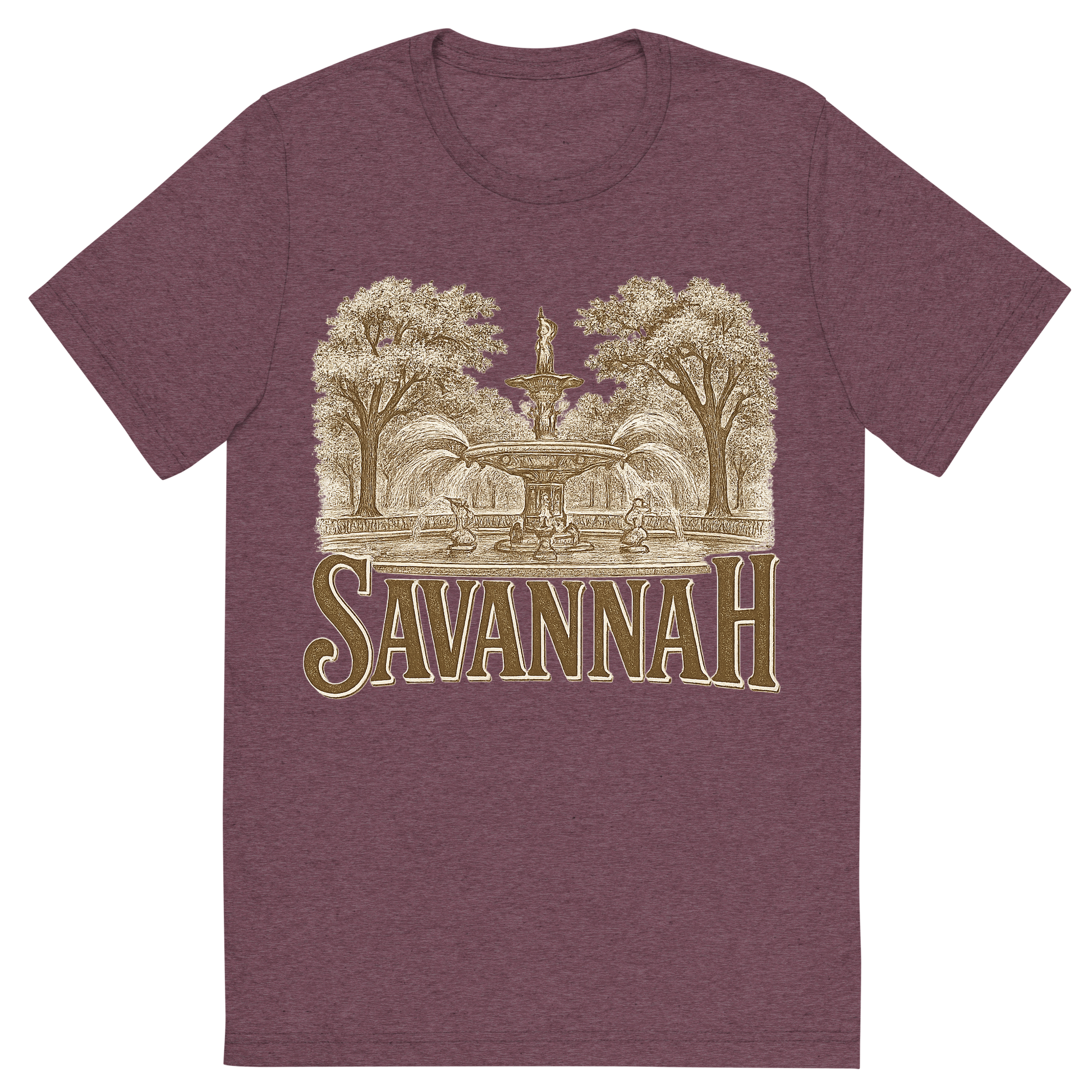 Front view of a Premium Tri-Blend Crew Neck T-Shirt in Maroon showing 'A typographic, nostalgic graphic of a typographic illustration of the words 'savannah' with a vintage line art drawing of forsyth park'