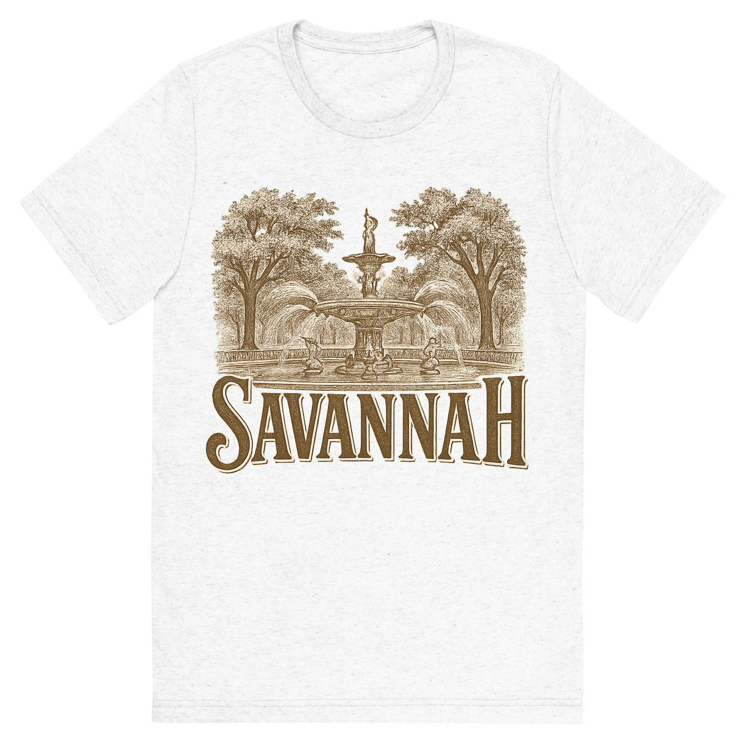 Front view of a Premium Tri-Blend Crew Neck T-Shirt in Solid White showing 'A typographic, nostalgic graphic of a typographic illustration of the words 'savannah' with a vintage line art drawing of forsyth park'