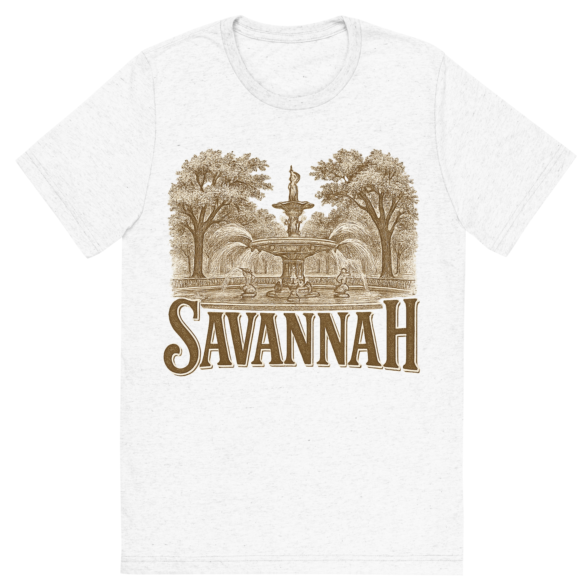 Front view of a Premium Tri-Blend Crew Neck T-Shirt in Solid White showing 'A typographic, nostalgic graphic of a typographic illustration of the words 'savannah' with a vintage line art drawing of forsyth park'