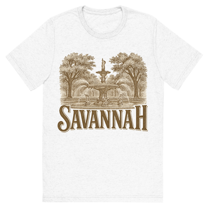Front view of a Premium Tri-Blend Crew Neck T-Shirt in Solid White showing 'A typographic, nostalgic graphic of a typographic illustration of the words 'savannah' with a vintage line art drawing of forsyth park'