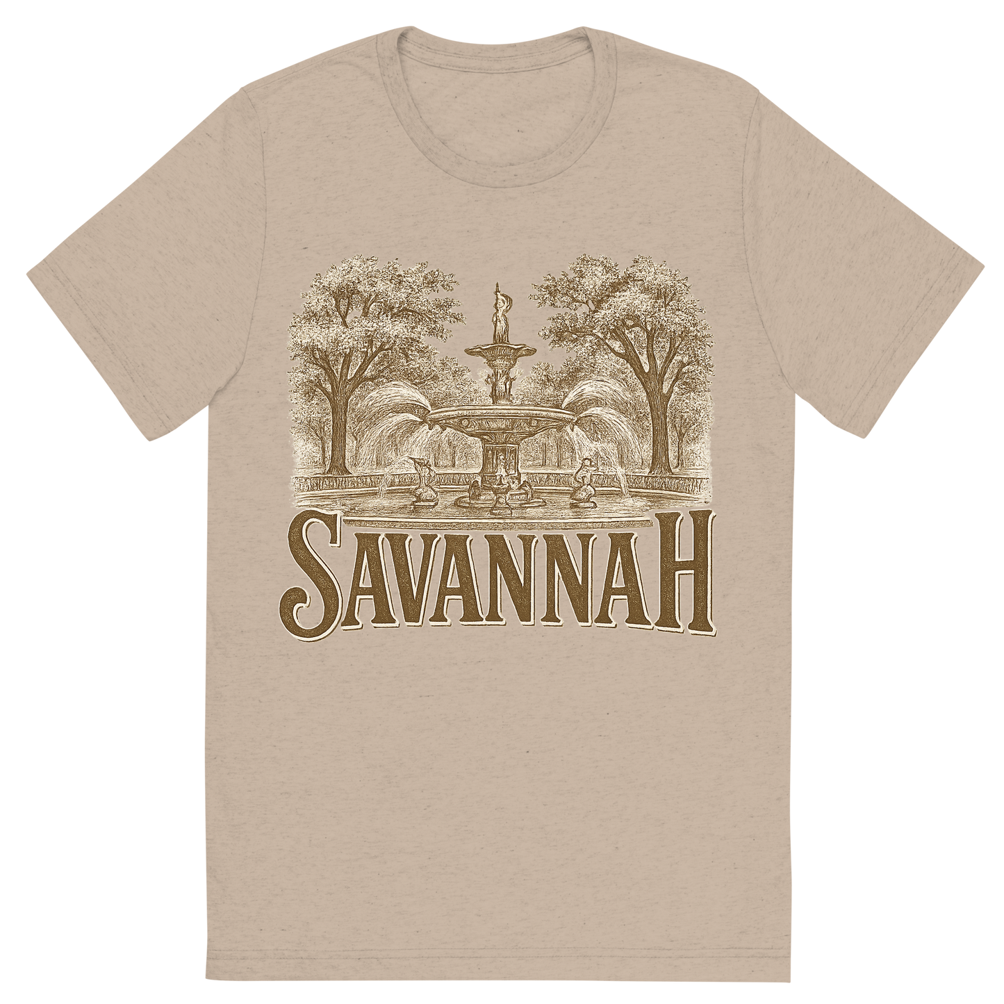 Front view of a Premium Tri-Blend Crew Neck T-Shirt in Tan showing 'A typographic, nostalgic graphic of a typographic illustration of the words 'savannah' with a vintage line art drawing of forsyth park'
