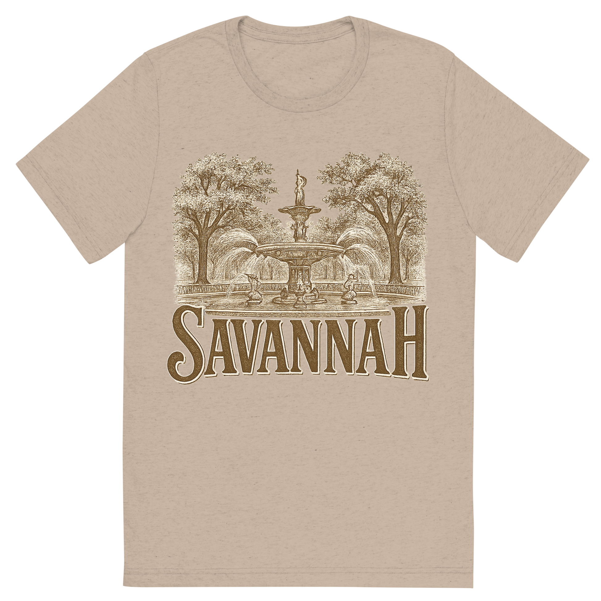 Front view of a Premium Tri-Blend Crew Neck T-Shirt in Tan showing 'A typographic, nostalgic graphic of a typographic illustration of the words 'savannah' with a vintage line art drawing of forsyth park'
